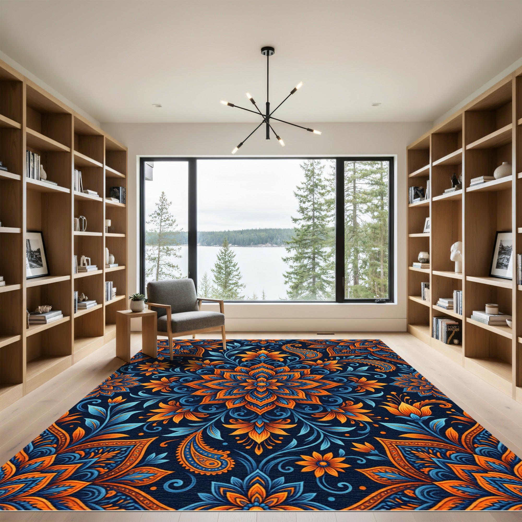 Vibrant Orange Blue Floral Paisley Rug