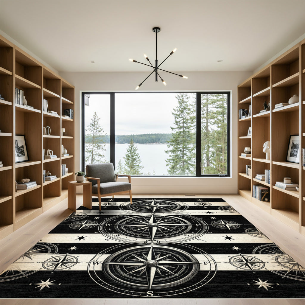 Monochrome Maritime Compass Nautical Stripe Floor Art Rug