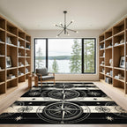 Monochrome Maritime Compass Nautical Stripe Floor Art Rug