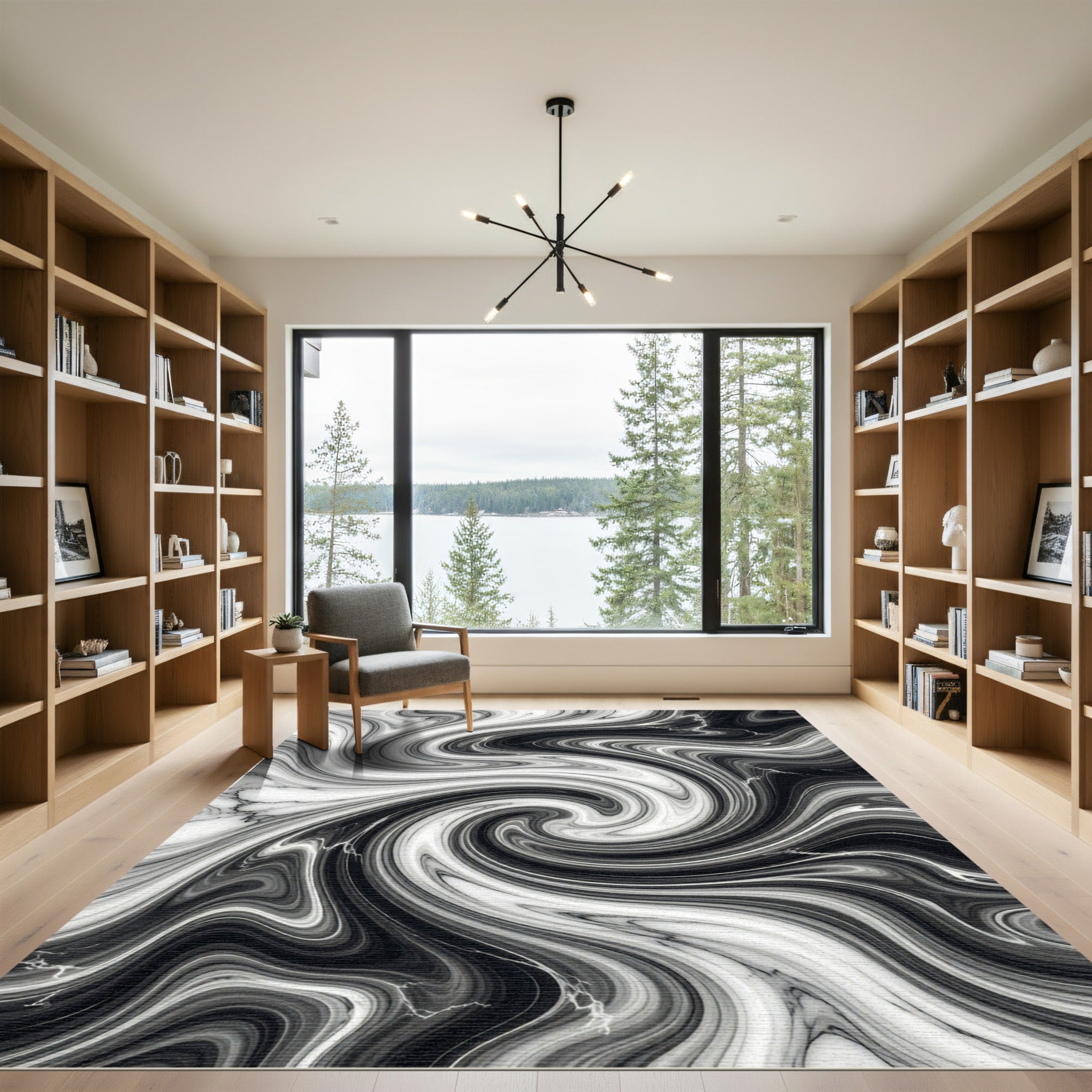 Modern Monochrome Abstract Marble Swirl Rug