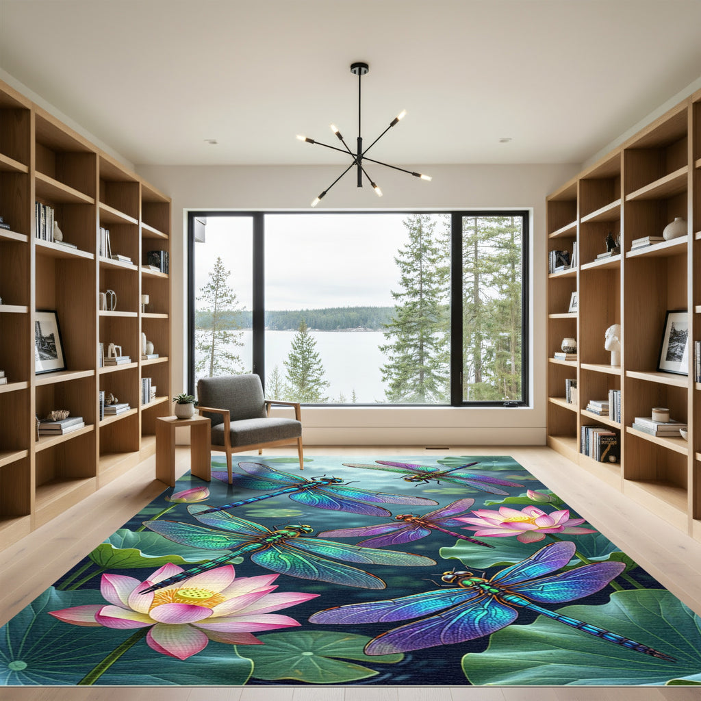 Vibrant Aquatic Dragonfly Lotus Blossom Rug