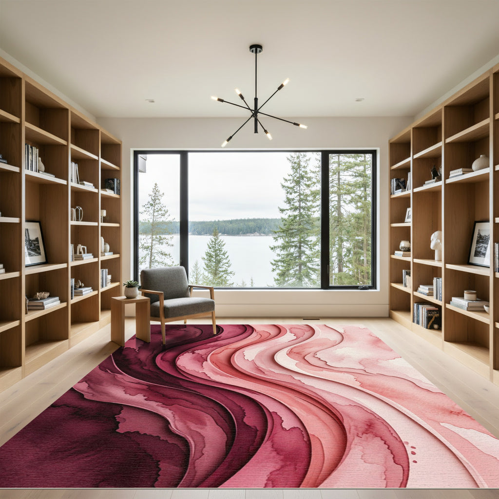 Abstract Crimson Watercolor Layered Waves Rug