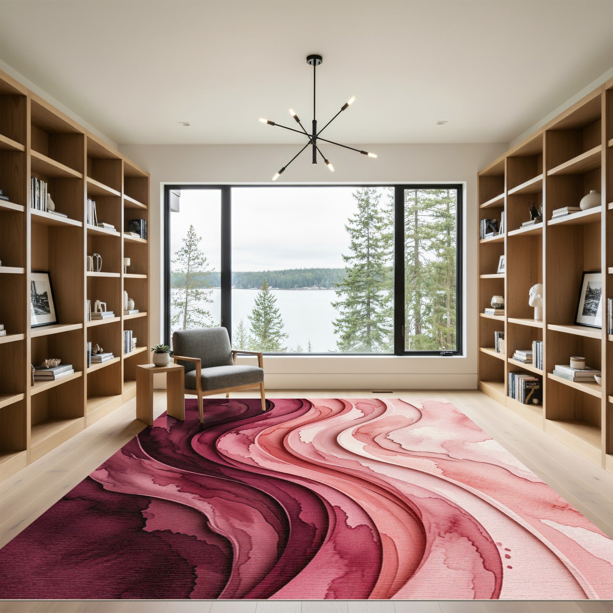 Abstract Crimson Watercolor Layered Waves Rug