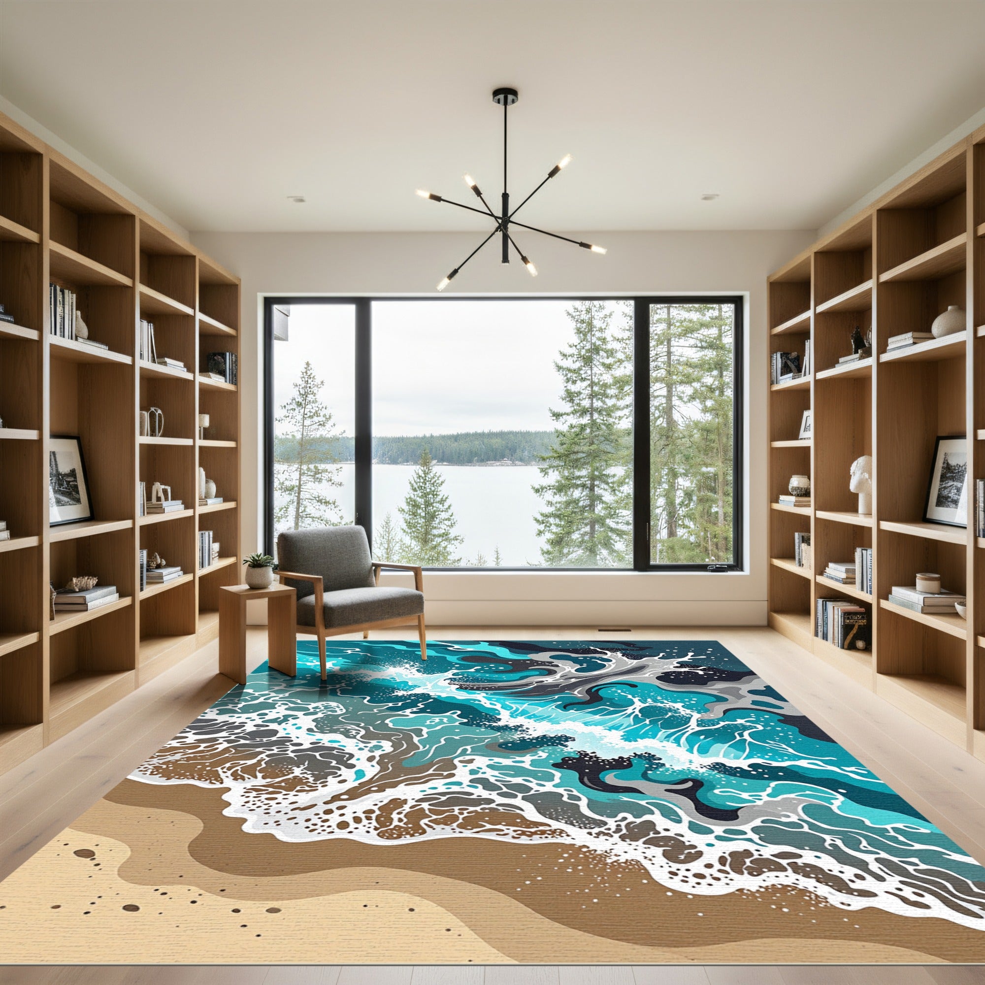 Abstract Turquoise Ocean Wave Shoreline Art Rug