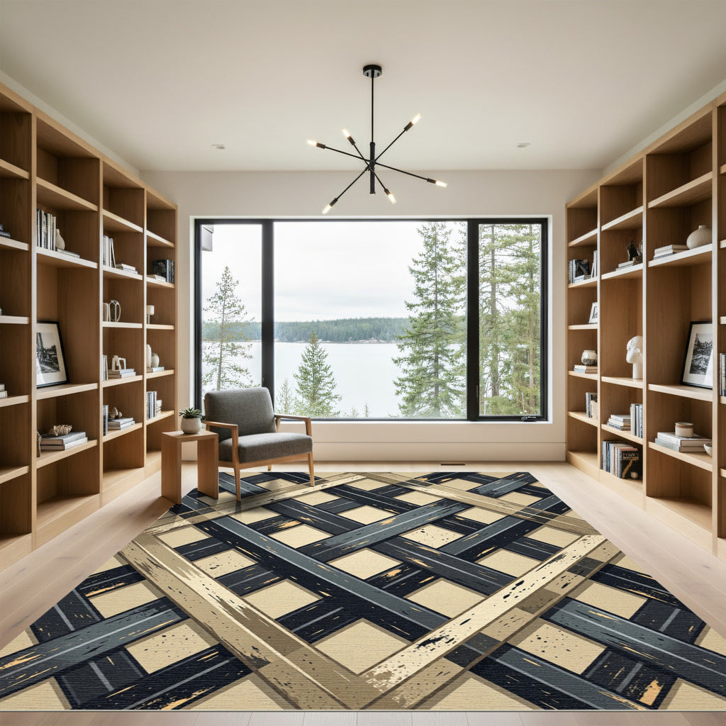 Golden Metallic Grid Lattice Industrial Rug