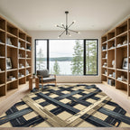 Golden Metallic Grid Lattice Industrial Rug