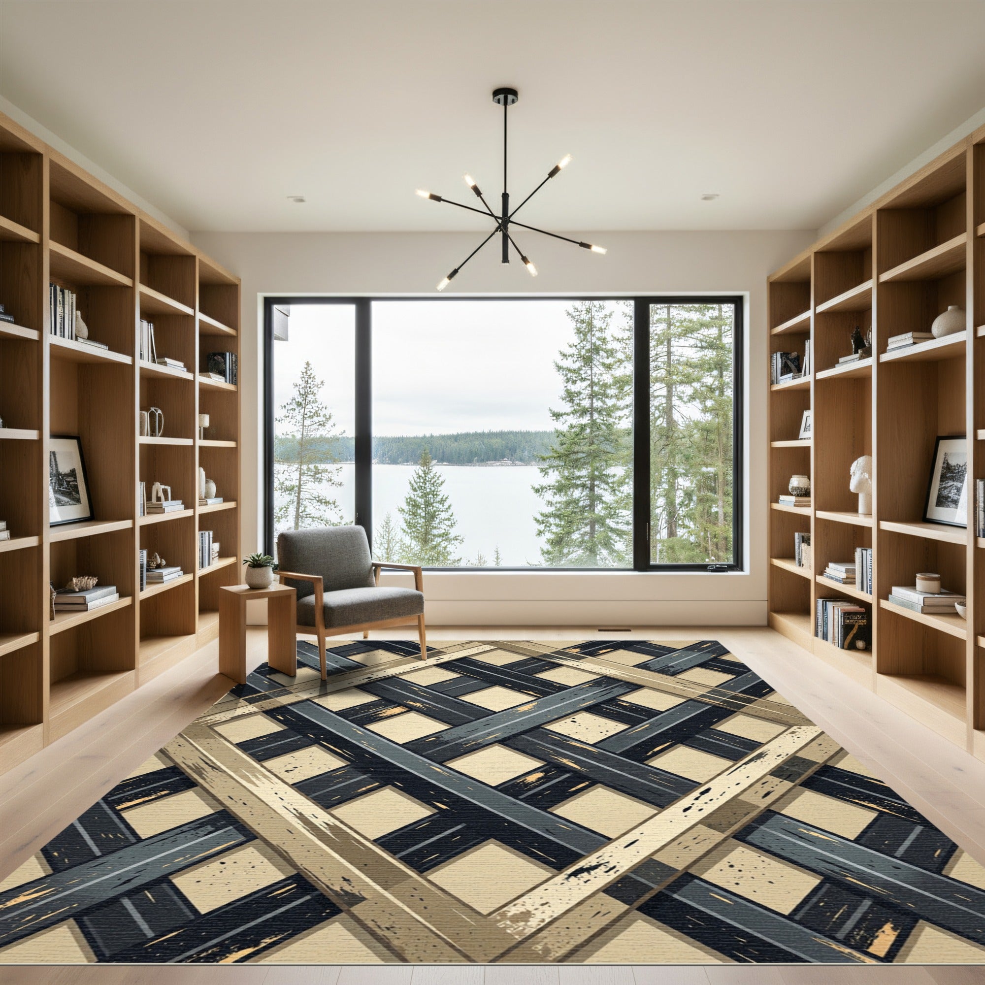 Golden Metallic Grid Lattice Industrial Rug