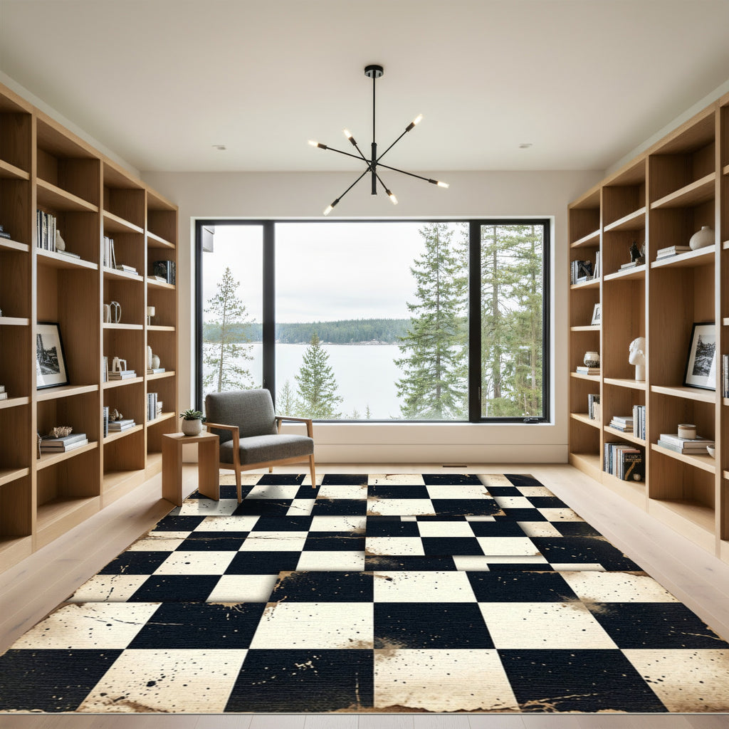 Vintage Black White Distressed Check Rug