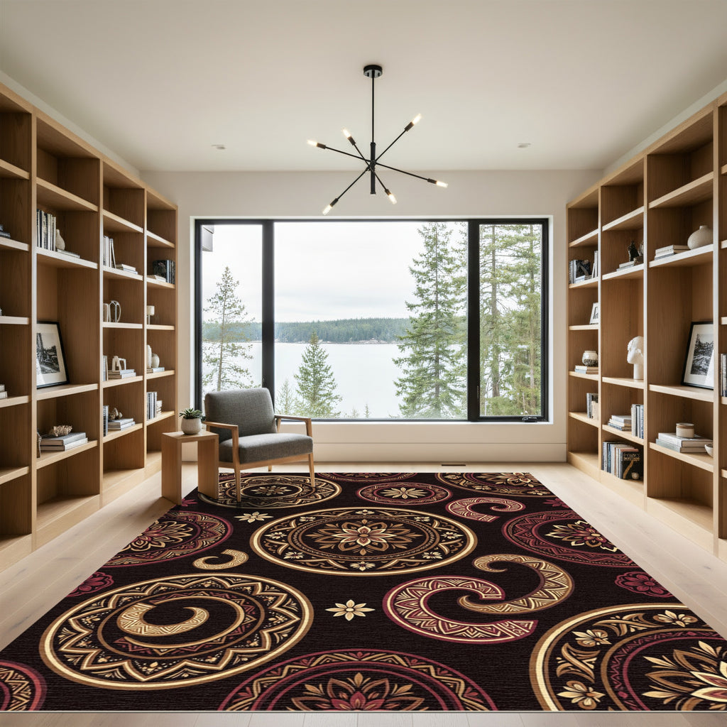 Elegant Gold Maroon Medallion Swirl Rug