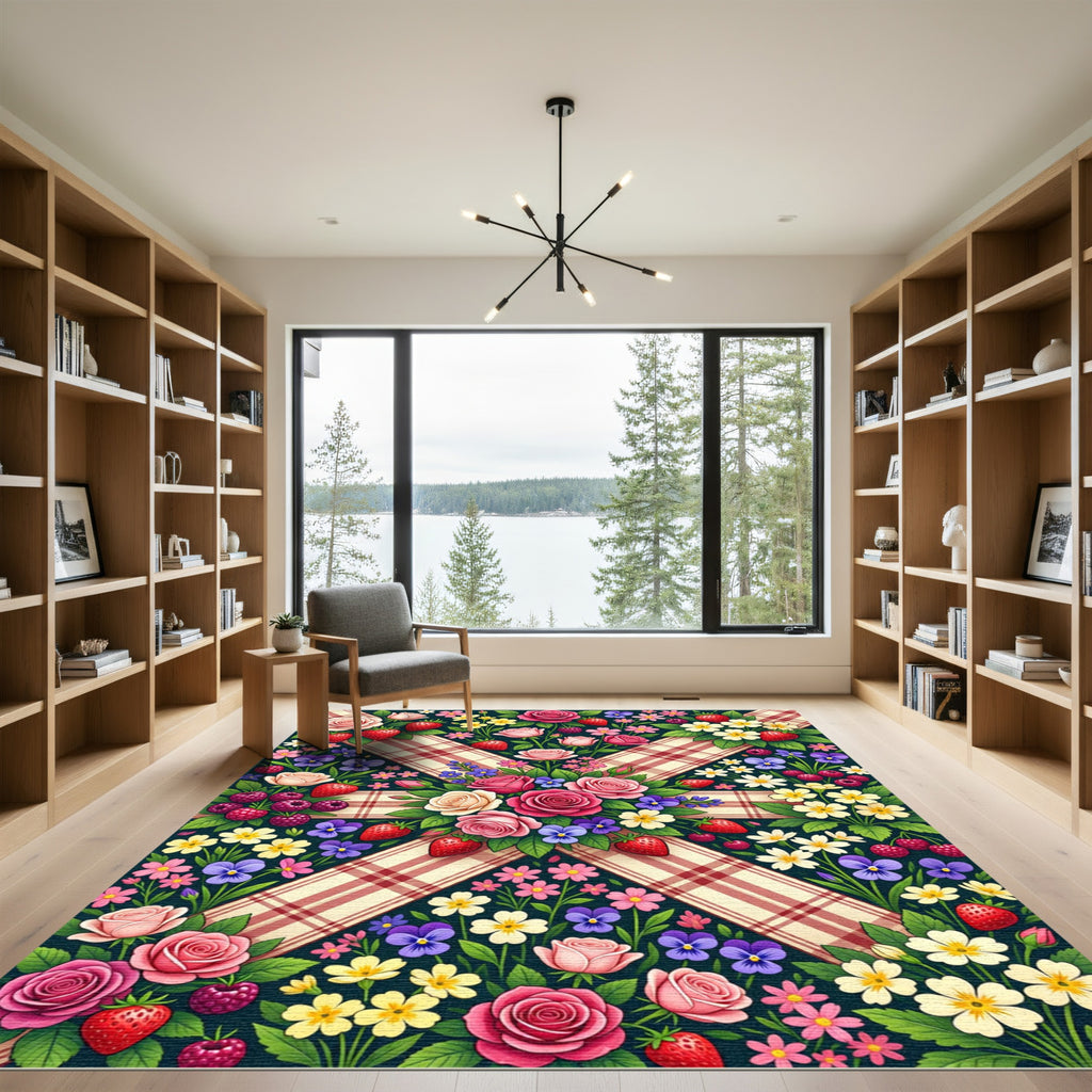 Rosy Pink Strawberry Floral Plaid Rug