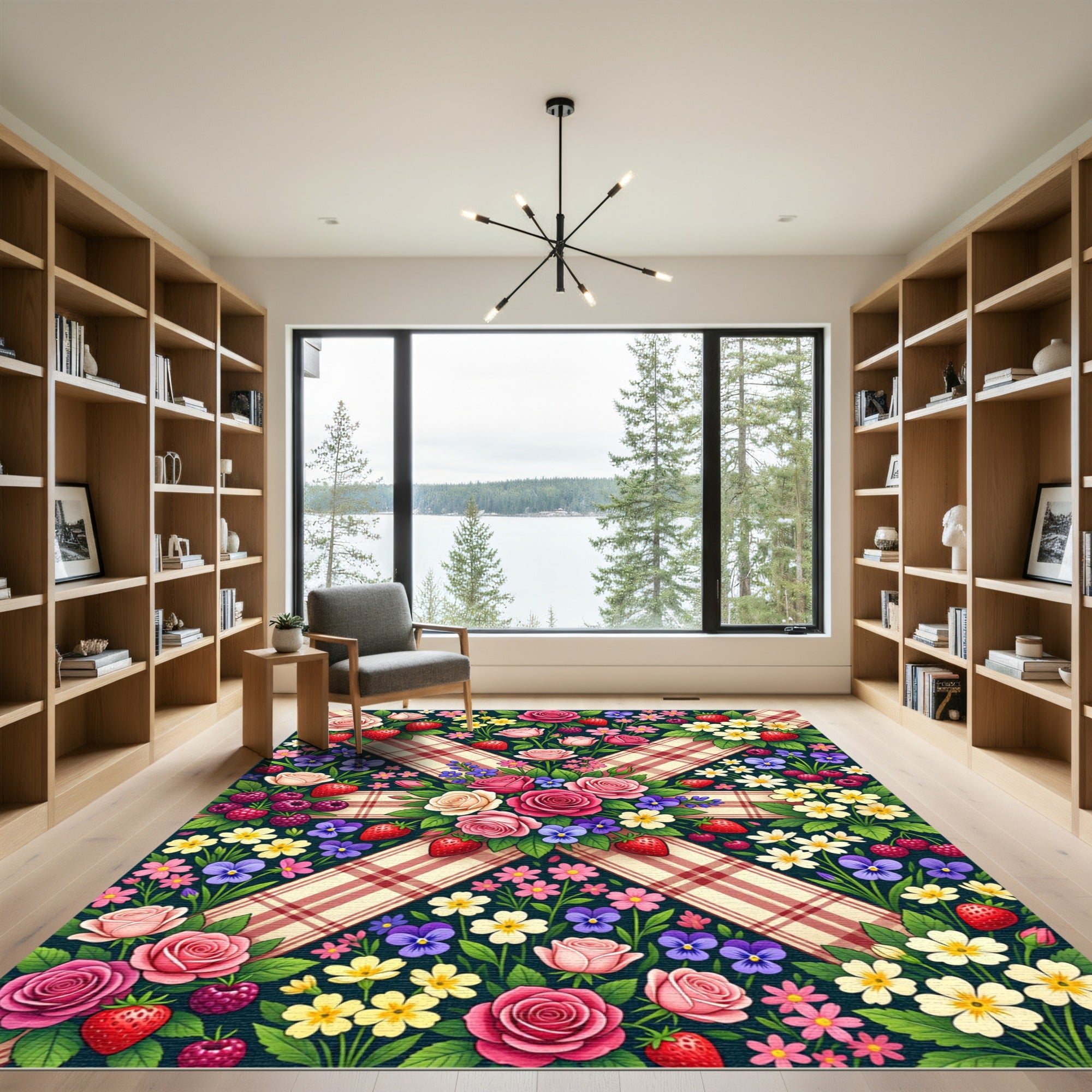 Rosy Pink Strawberry Floral Plaid Rug
