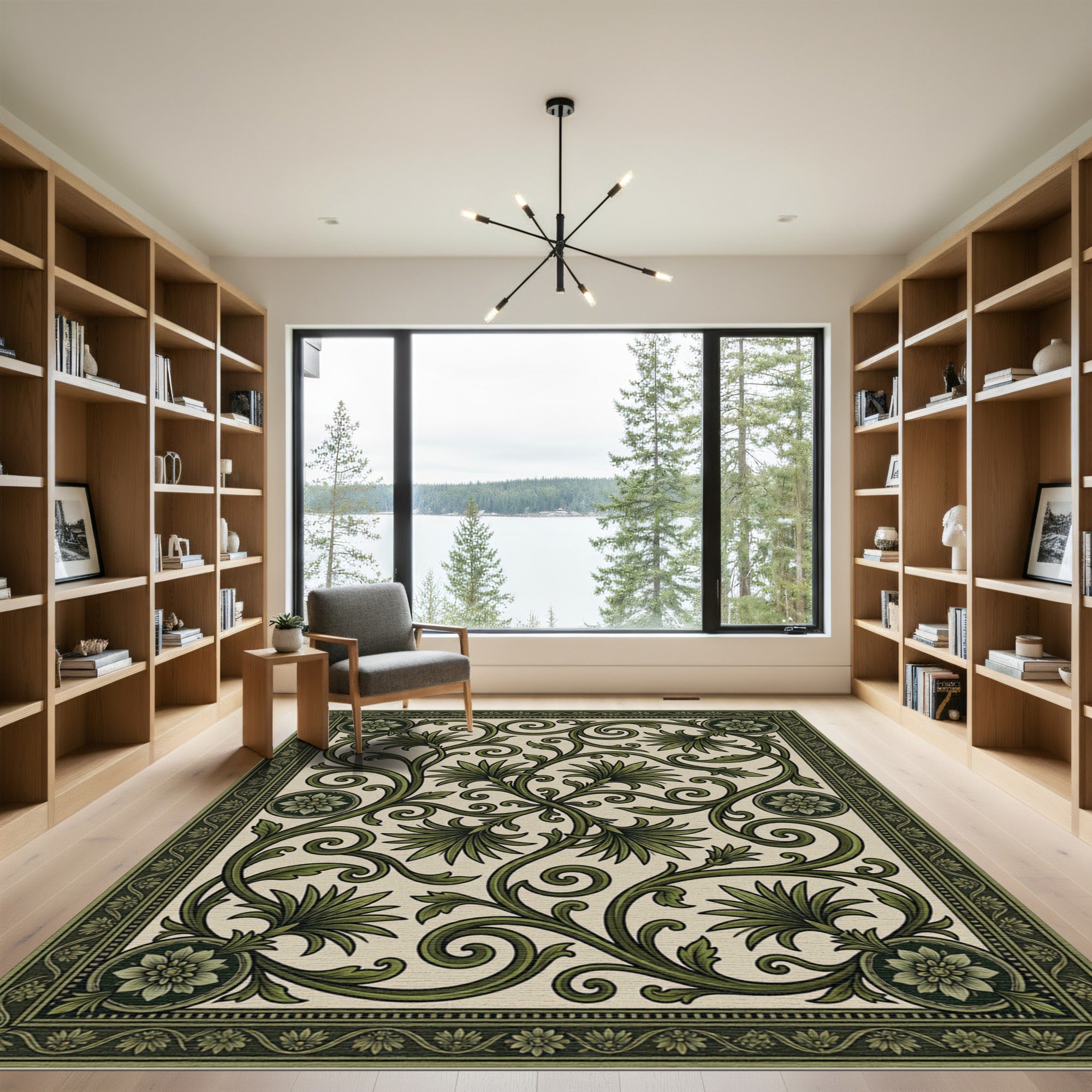 Green Scrollwork Floral Garden Rug