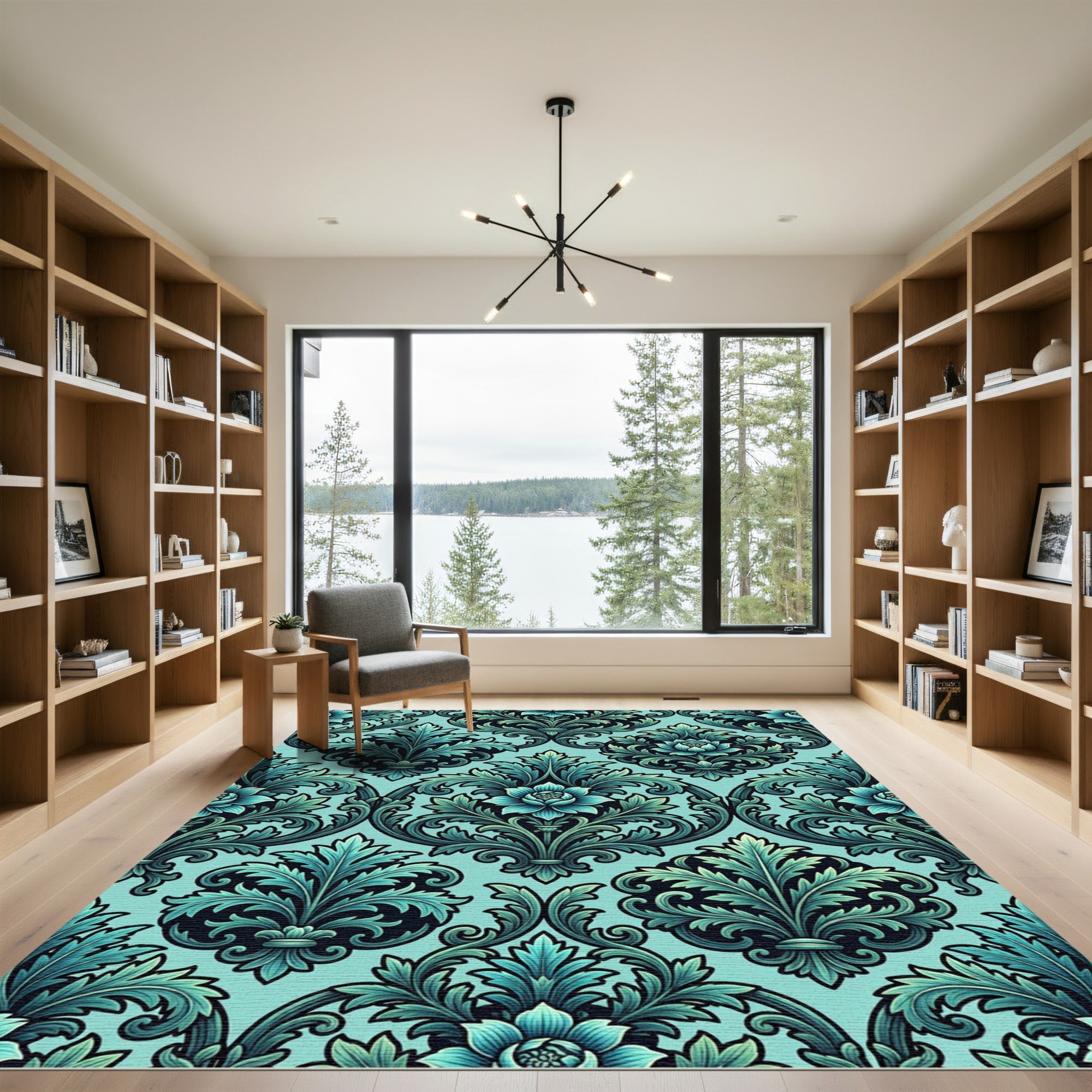 Elegant Teal Damask Floral Filigree Rug