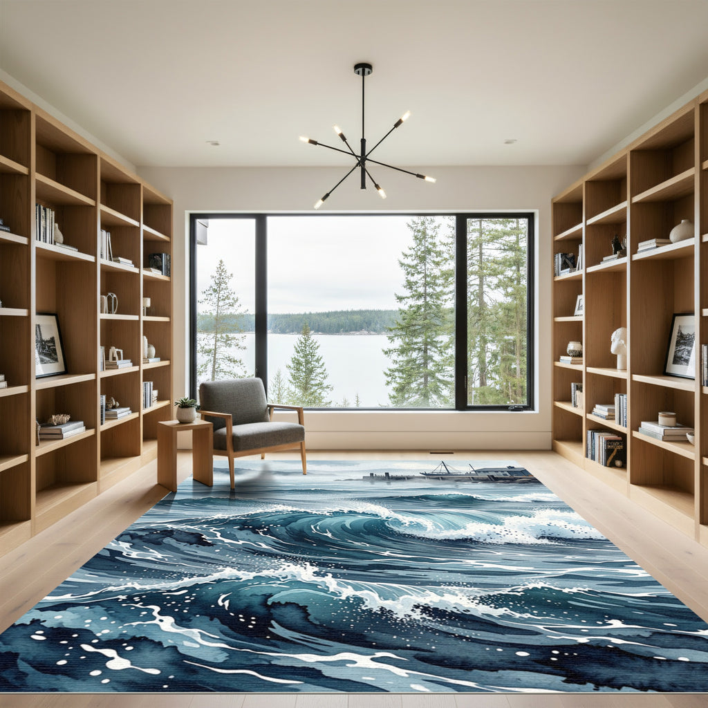 Deep Blue Crashing Ocean Waves Rug