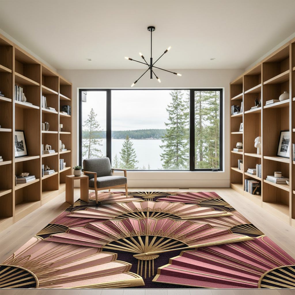 Art Deco Pink Golden Fan Composition Rug