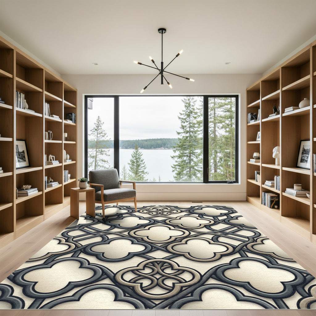 Cream and Slate Quatrefoil Interlocking Tile Rug