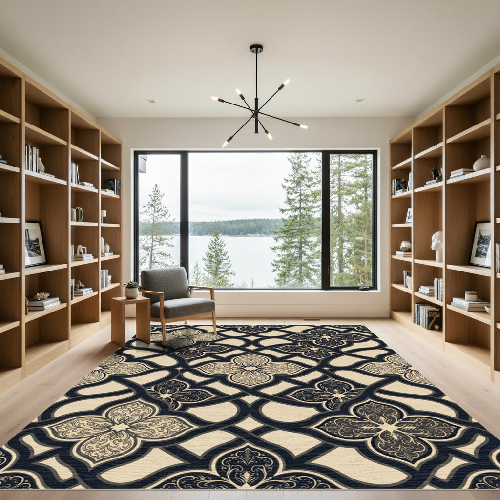 Elegant Black and Cream Filigree Trellis Rug
