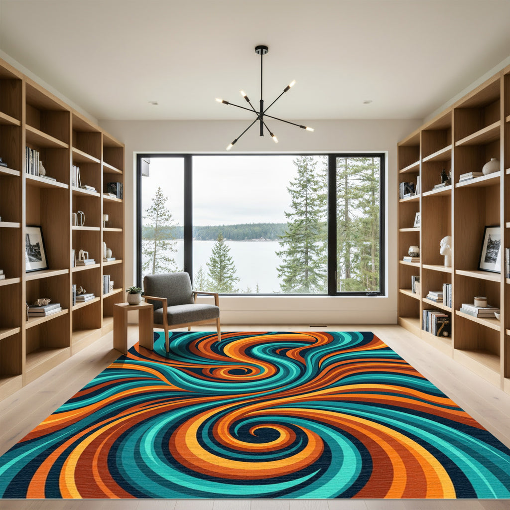 Swirling Teal and Amber Abstract Flow Rug
