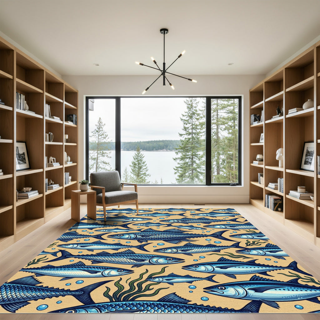 Blue Fish School Repeating Design Rug