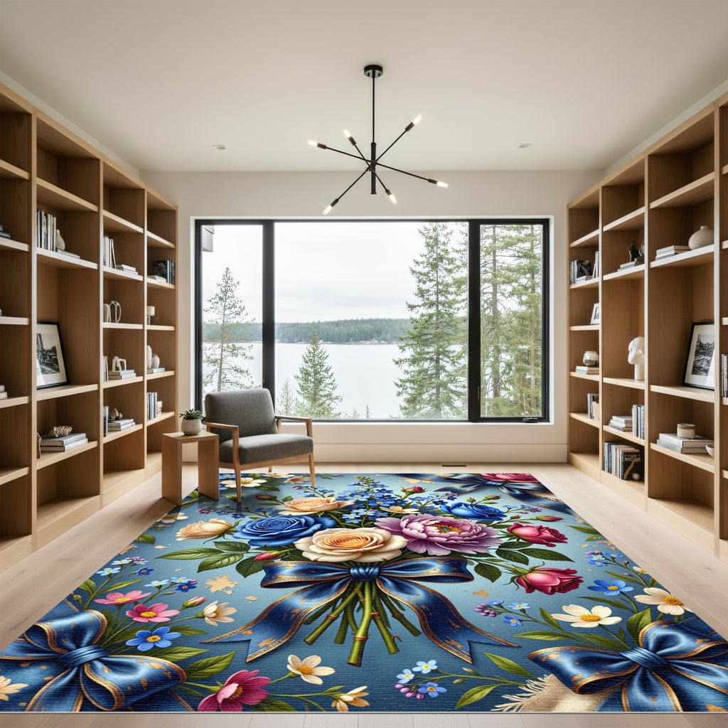 Luxury Blue Floral Bouquet Ribbon Rug