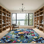 Luxury Blue Floral Bouquet Ribbon Rug