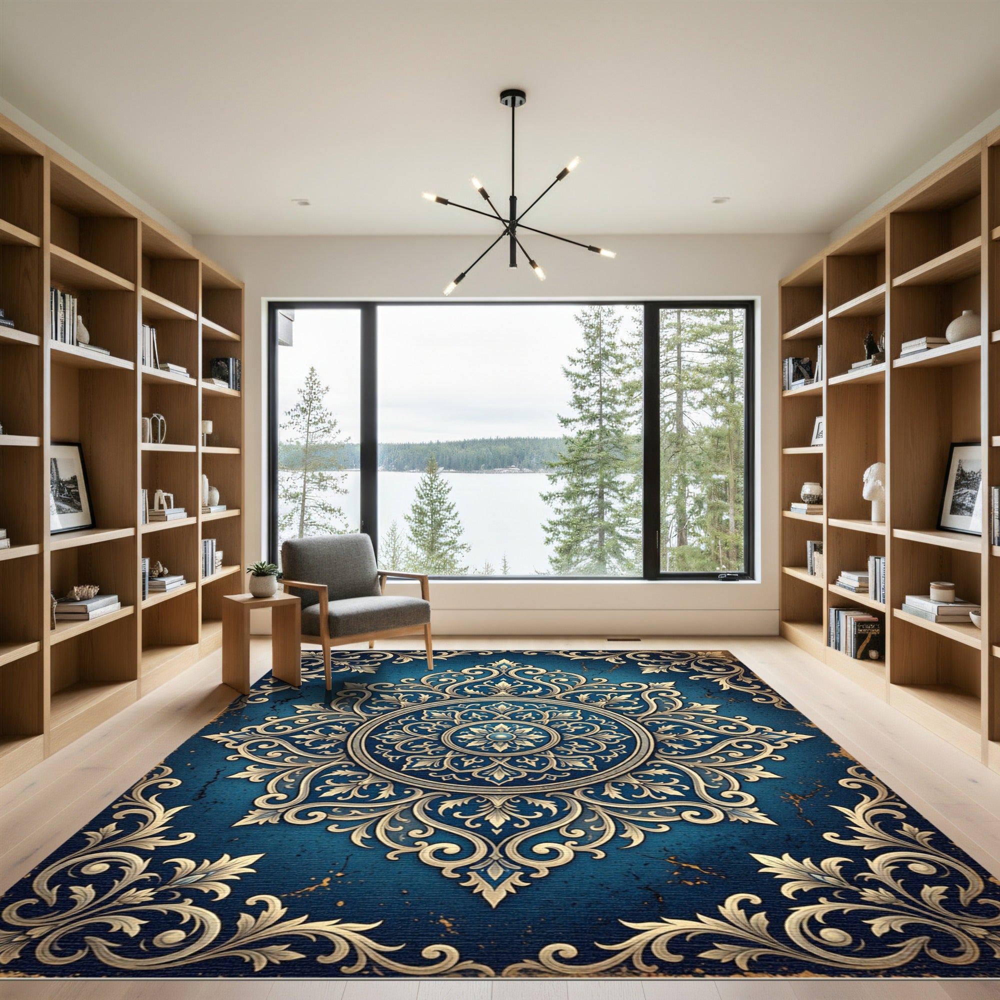 Ornate Deep Blue Gold Floral Medallion Rug