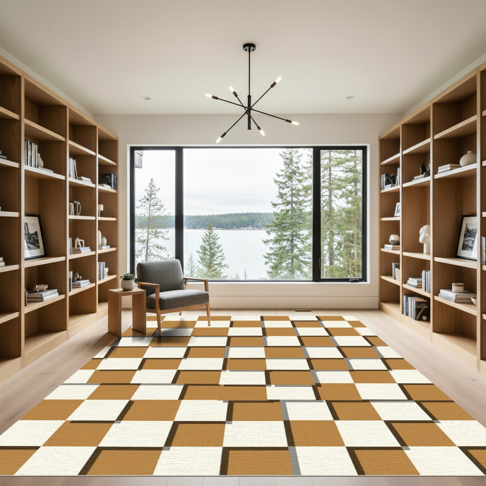 Modern Earthy Tonal Geometric Checkered Rug