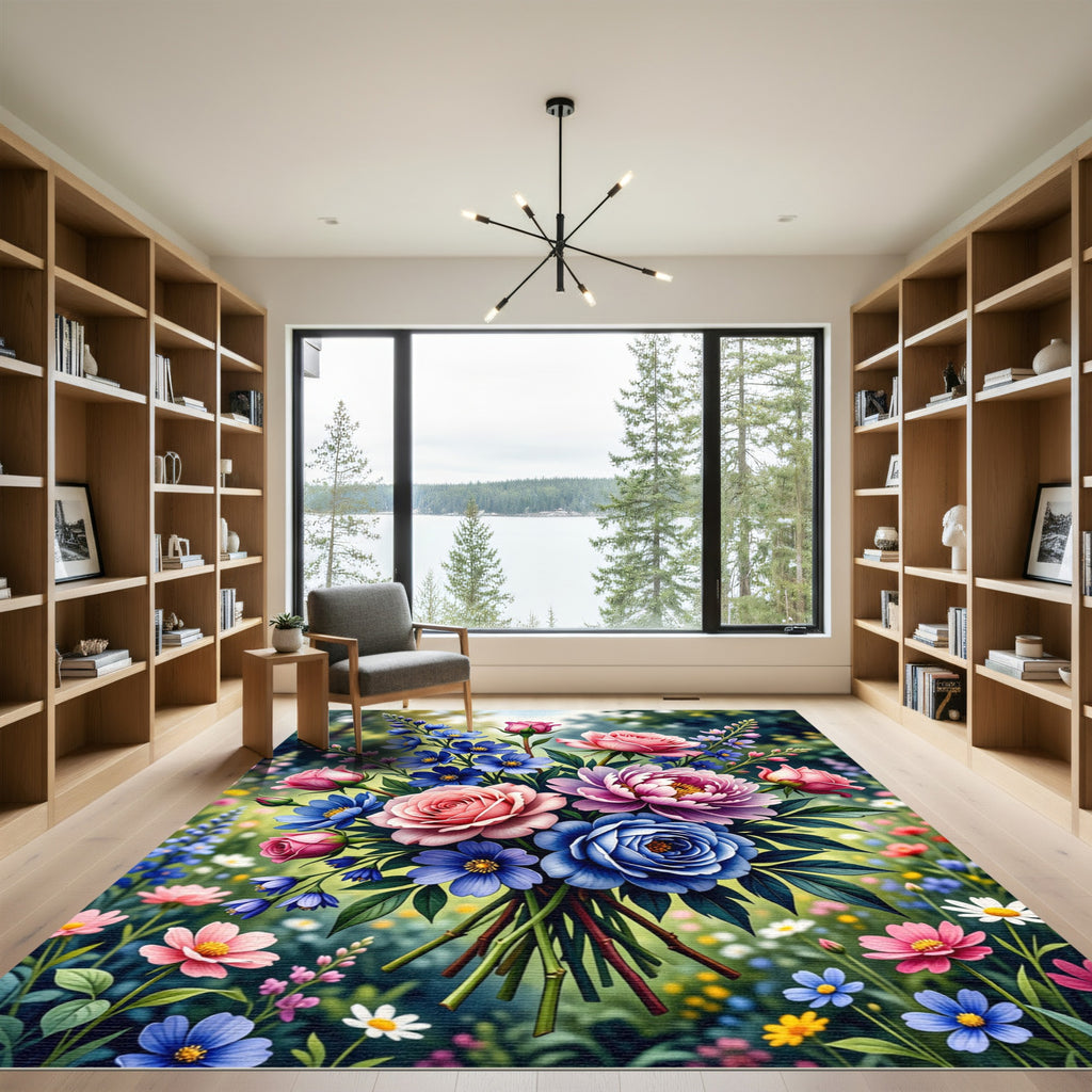 Vibrant Pink and Blue Floral Bouquet Rug