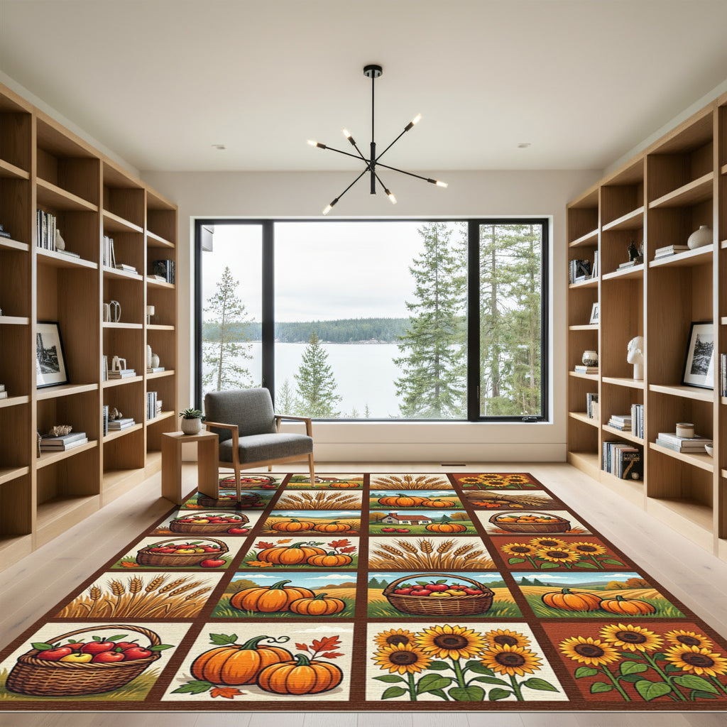 Autumn Harvest Pumpkin Wheat Sunflowers Grid Rug