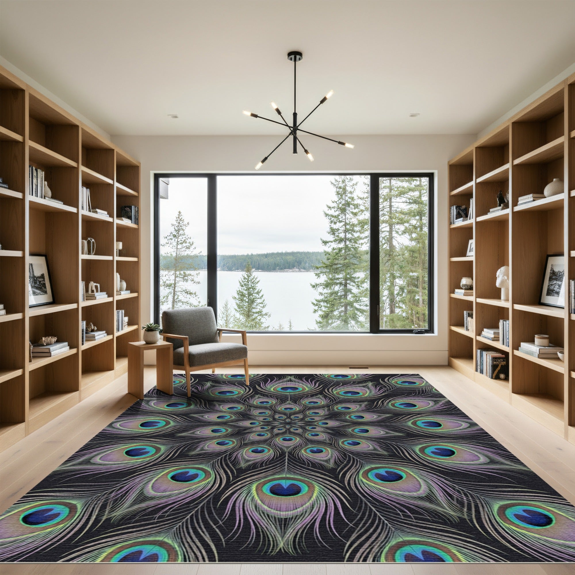 Intricate Peacock Feather Mandala Rug