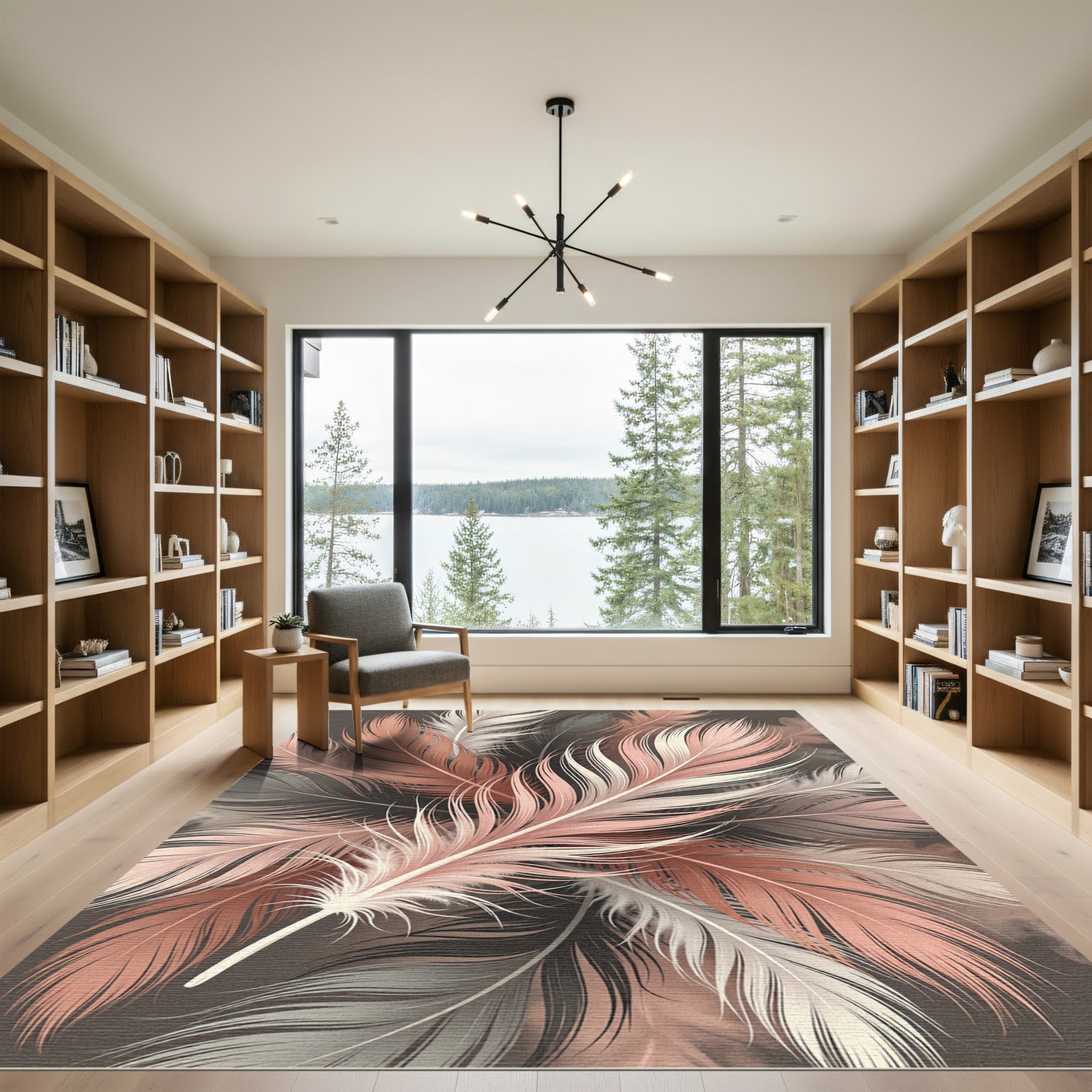 Elegant Blush and Charcoal Feather Art Rug