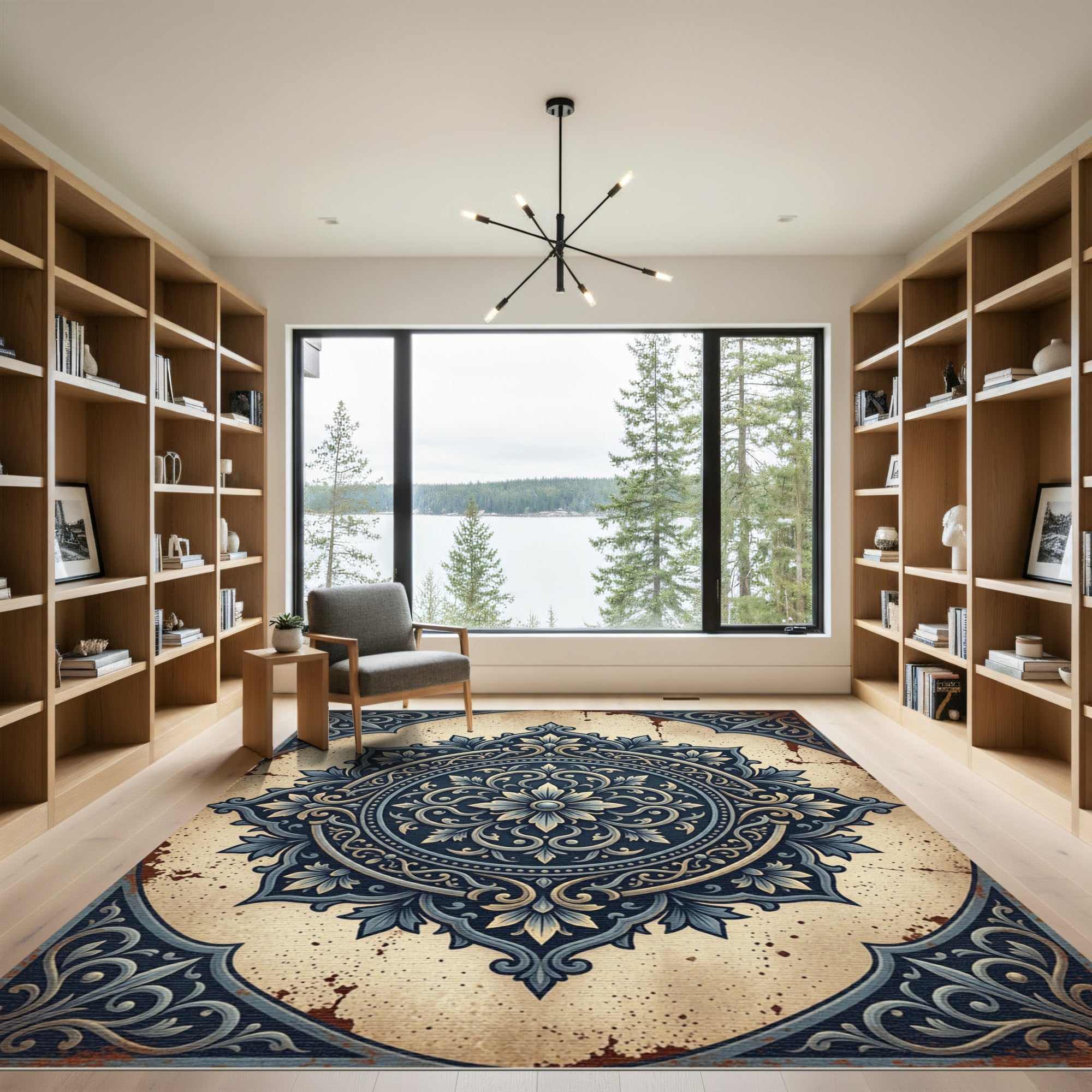 Ornate Indigo Floral Medallion Rug