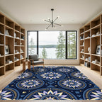 Celestial Blue Golden Floral Mandala Rug