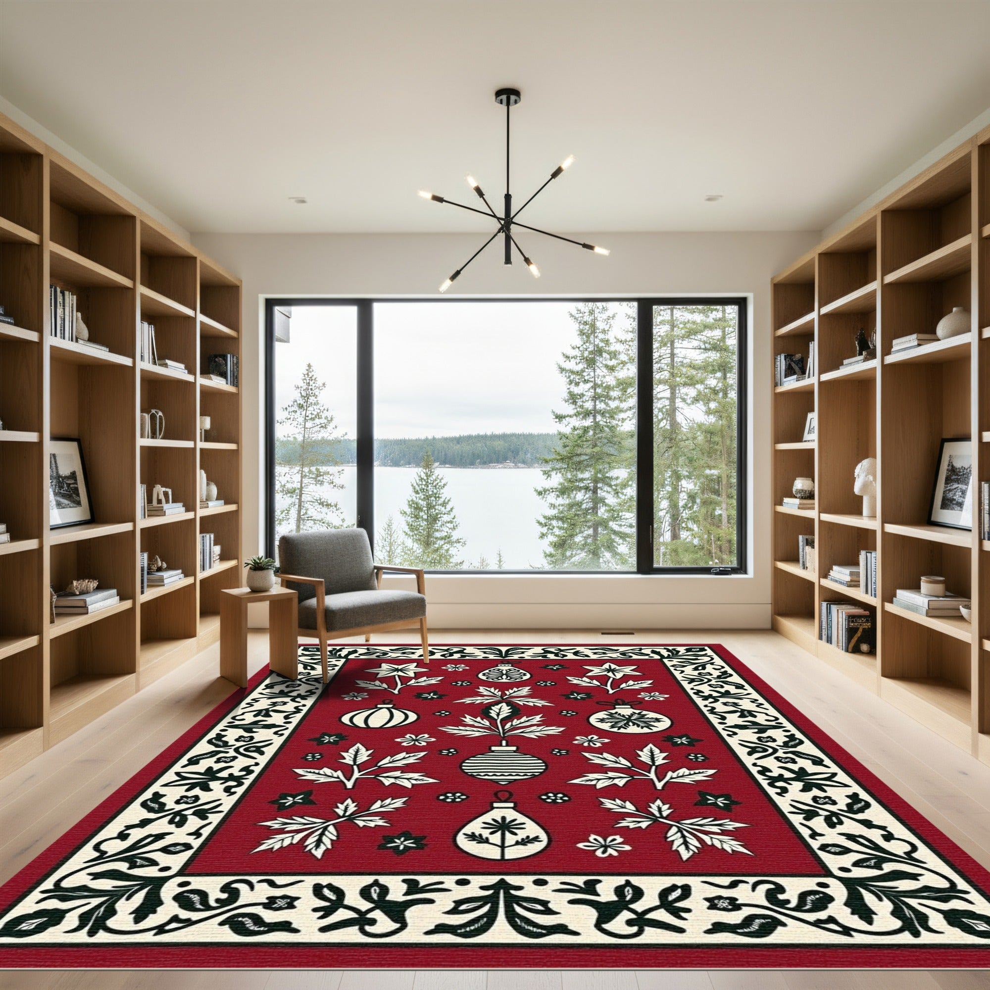 Crimson Mid-Century Modern Holiday Ornaments Rug