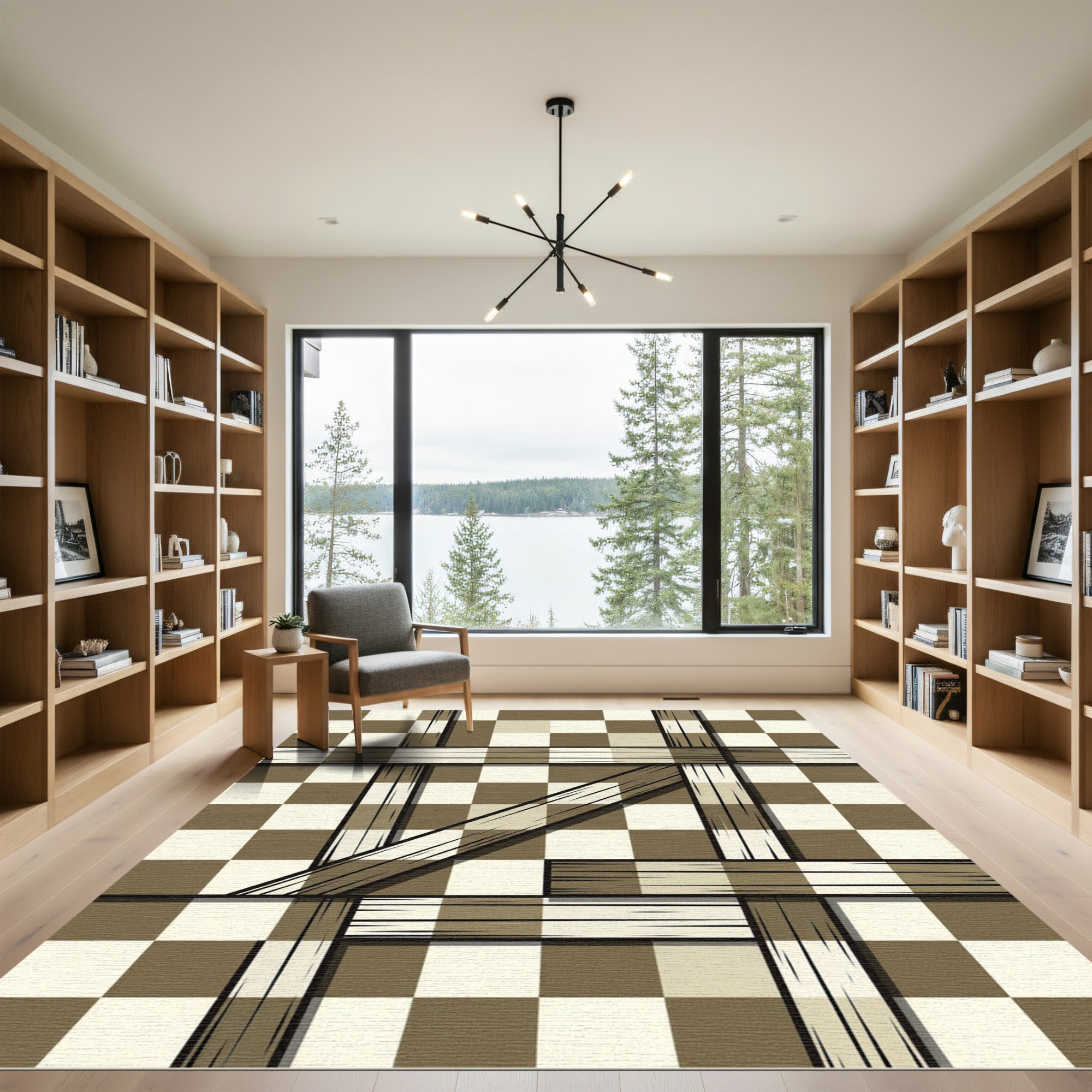Brown White Checkered Intersecting Lines Rug