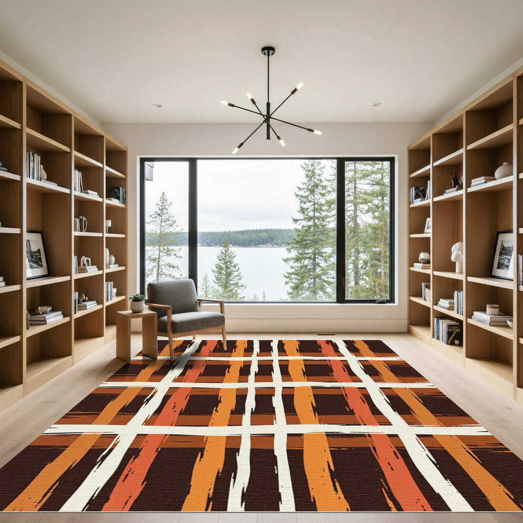 Rustic Earthy Plaid Brushstroke Grid Rug