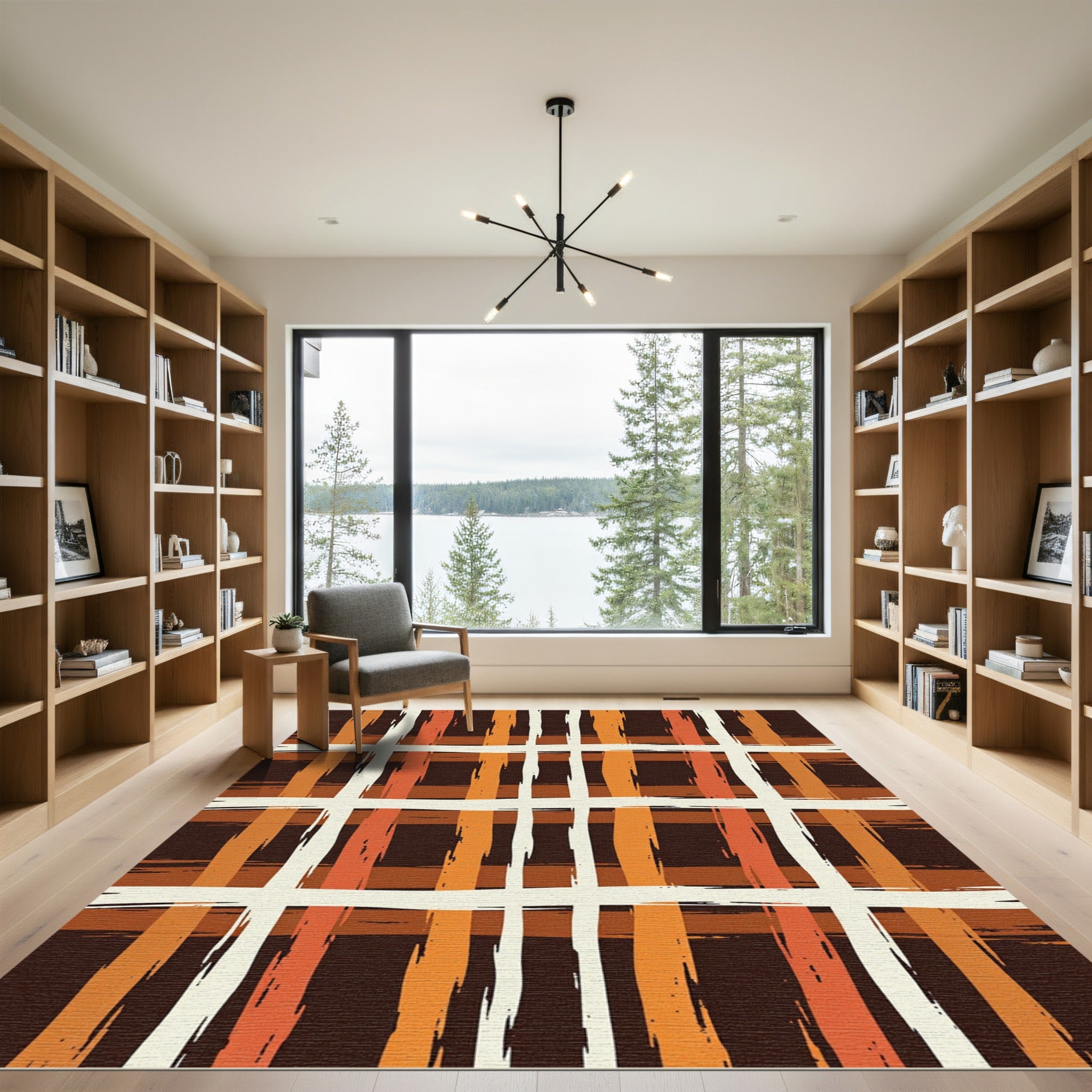 Rustic Earthy Plaid Brushstroke Grid Rug