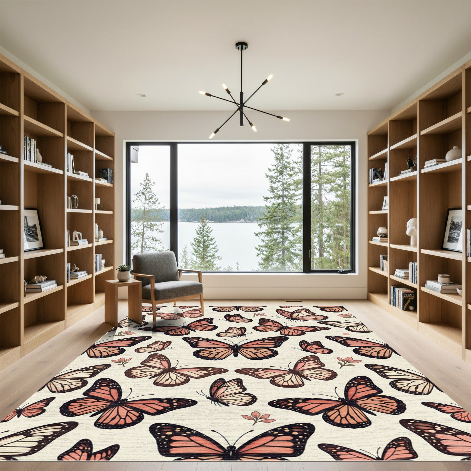 Whimsical Soft Pink Monarch Butterfly Garden Rug
