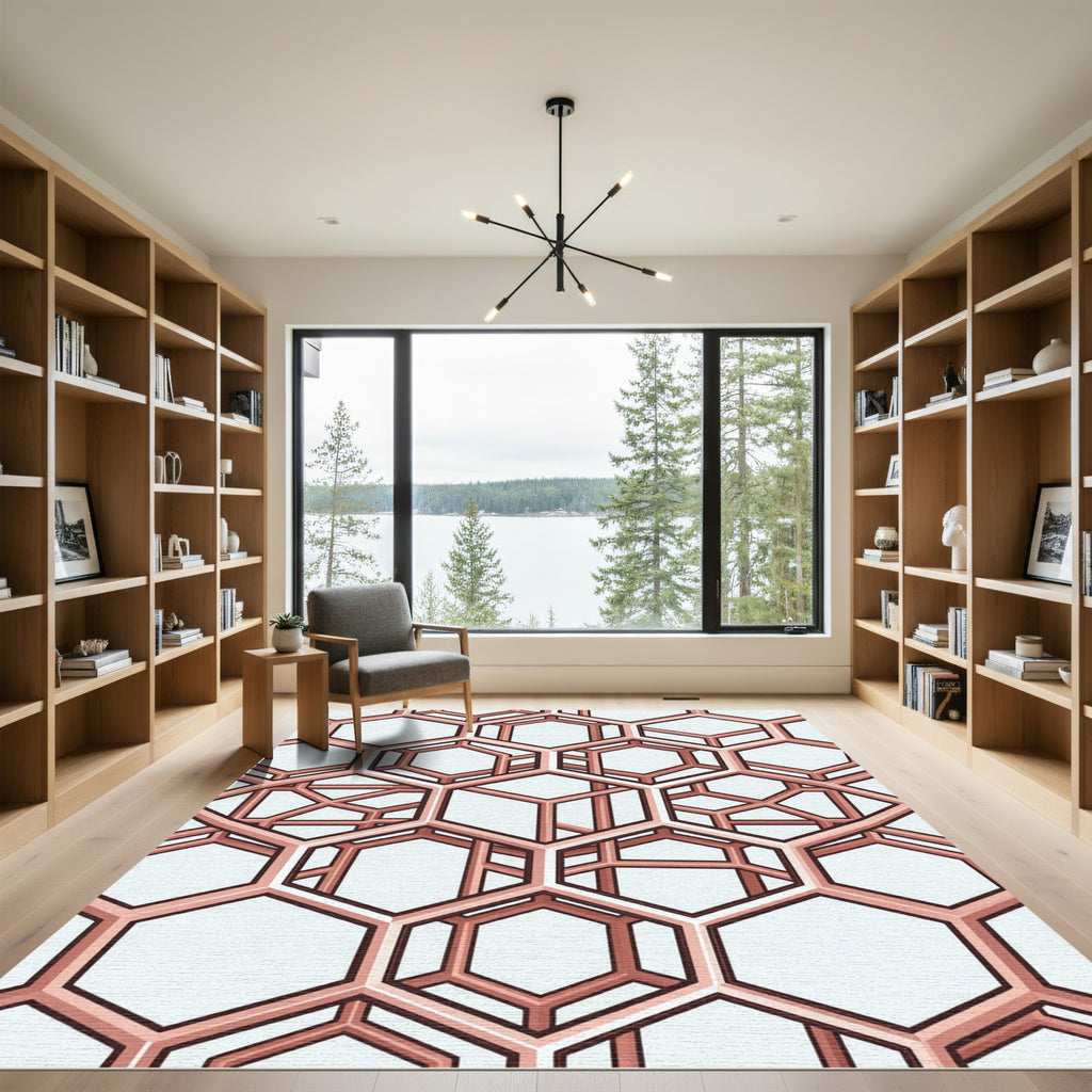 Copper Geometric Hexagon Illusion Structure Rug