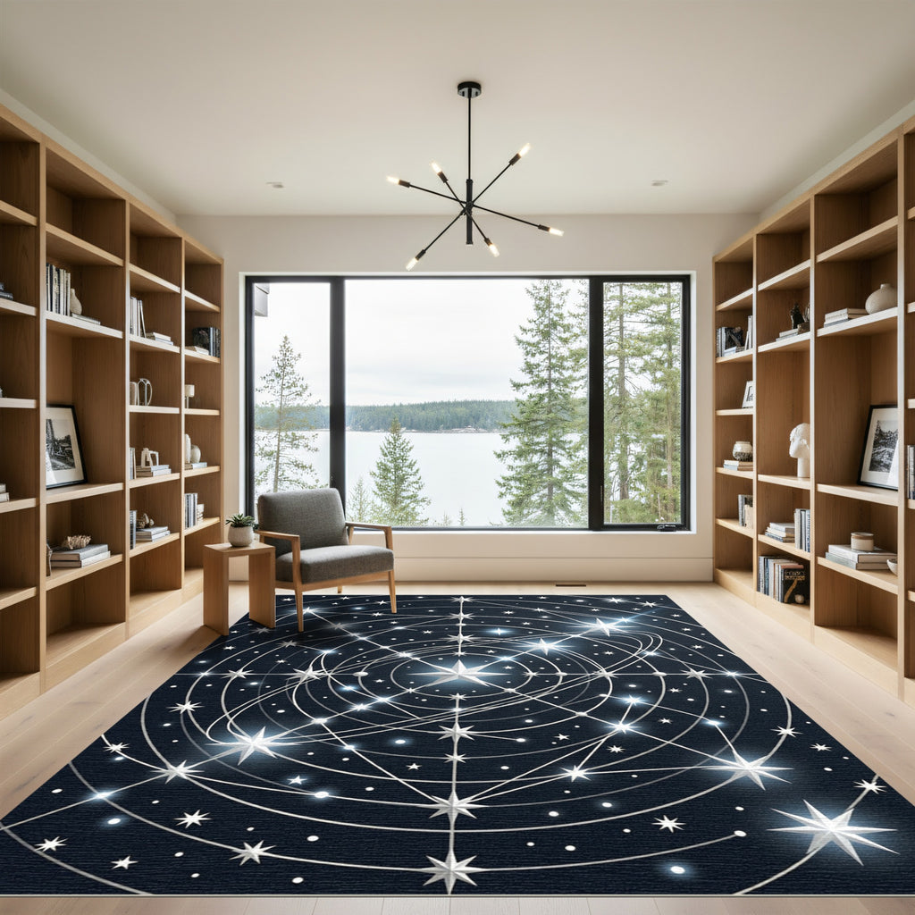 Celestial Silver Starry Midnight Grid Rug