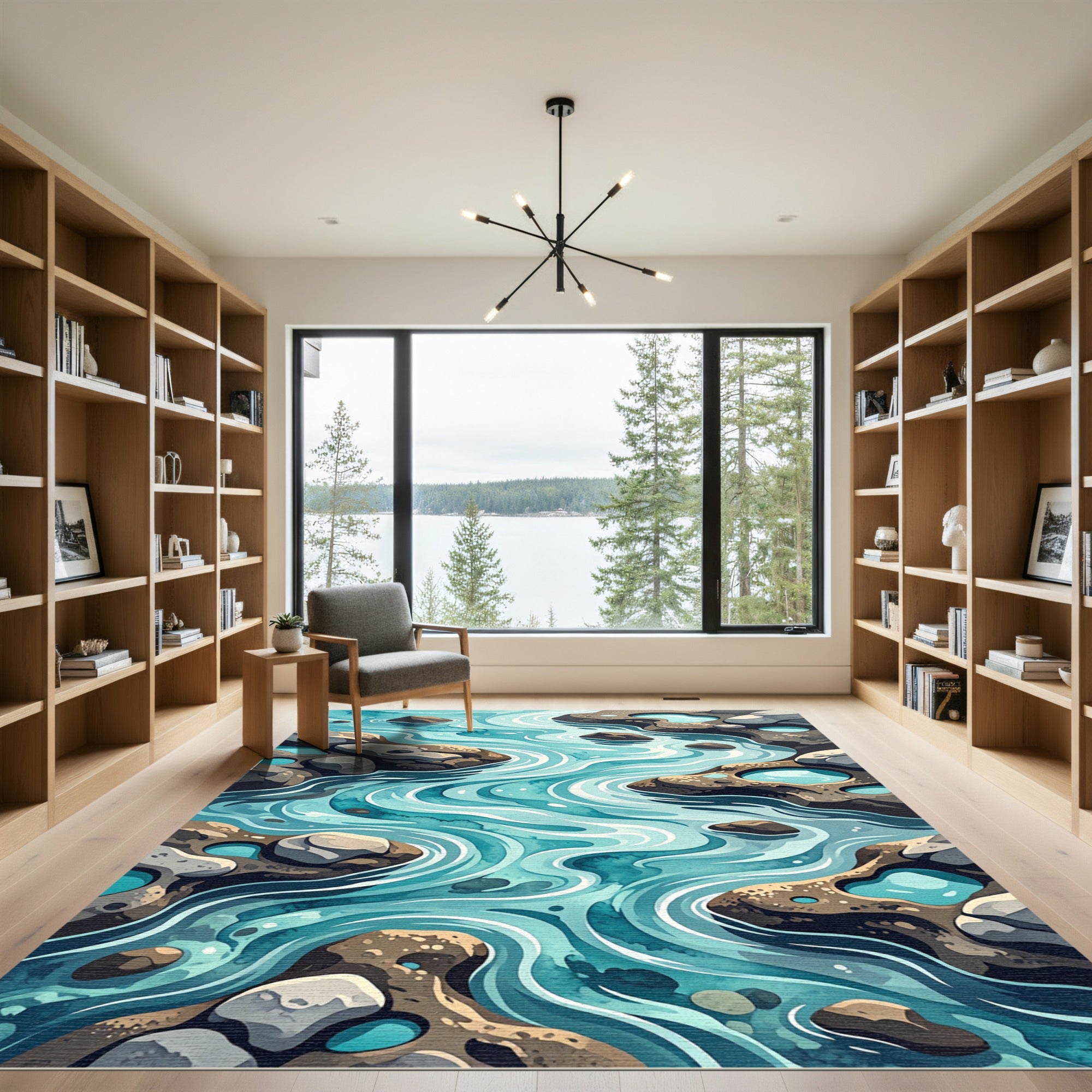 Abstract Blue River Rock Stream Rug