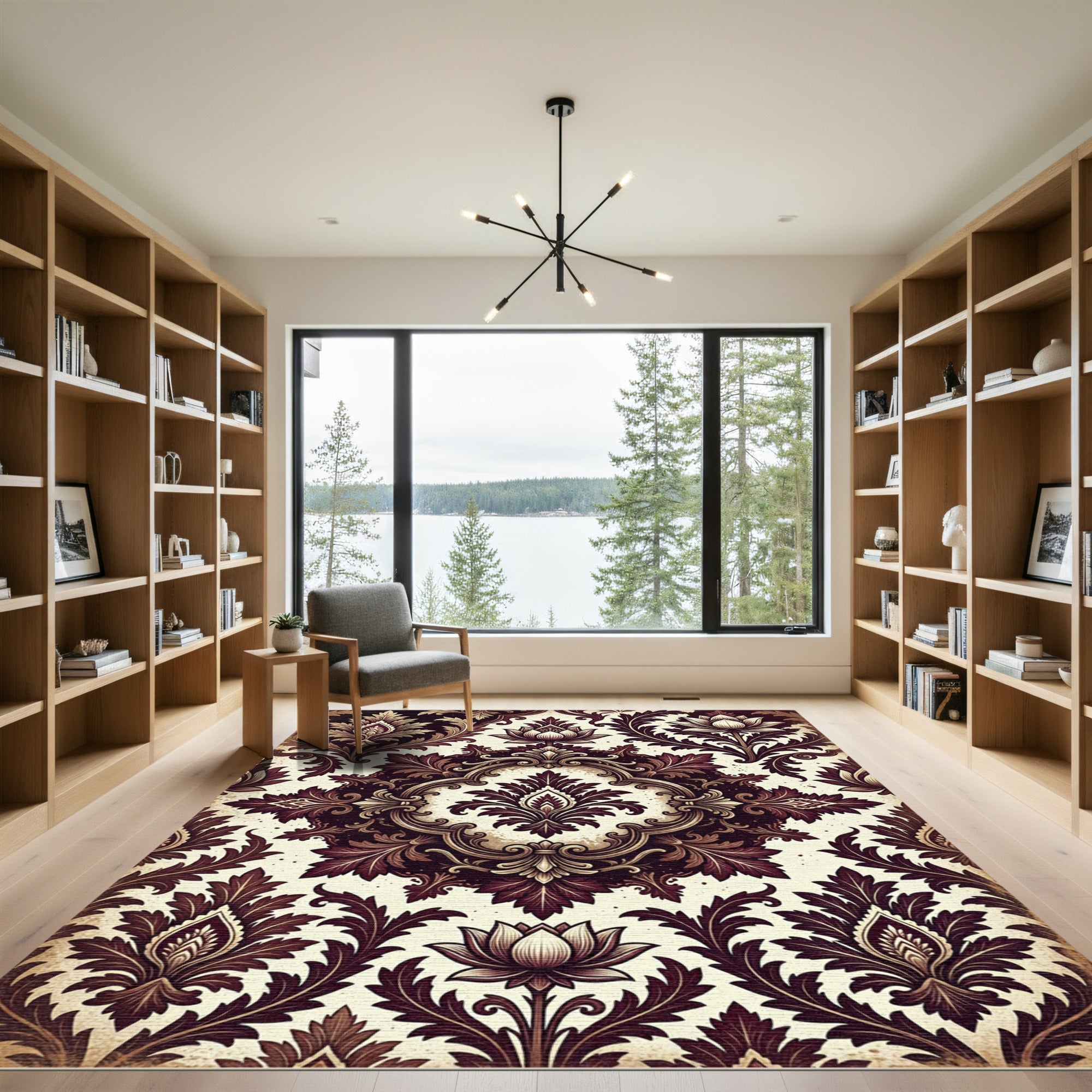 Ornate Burgundy Floral Damask Rug