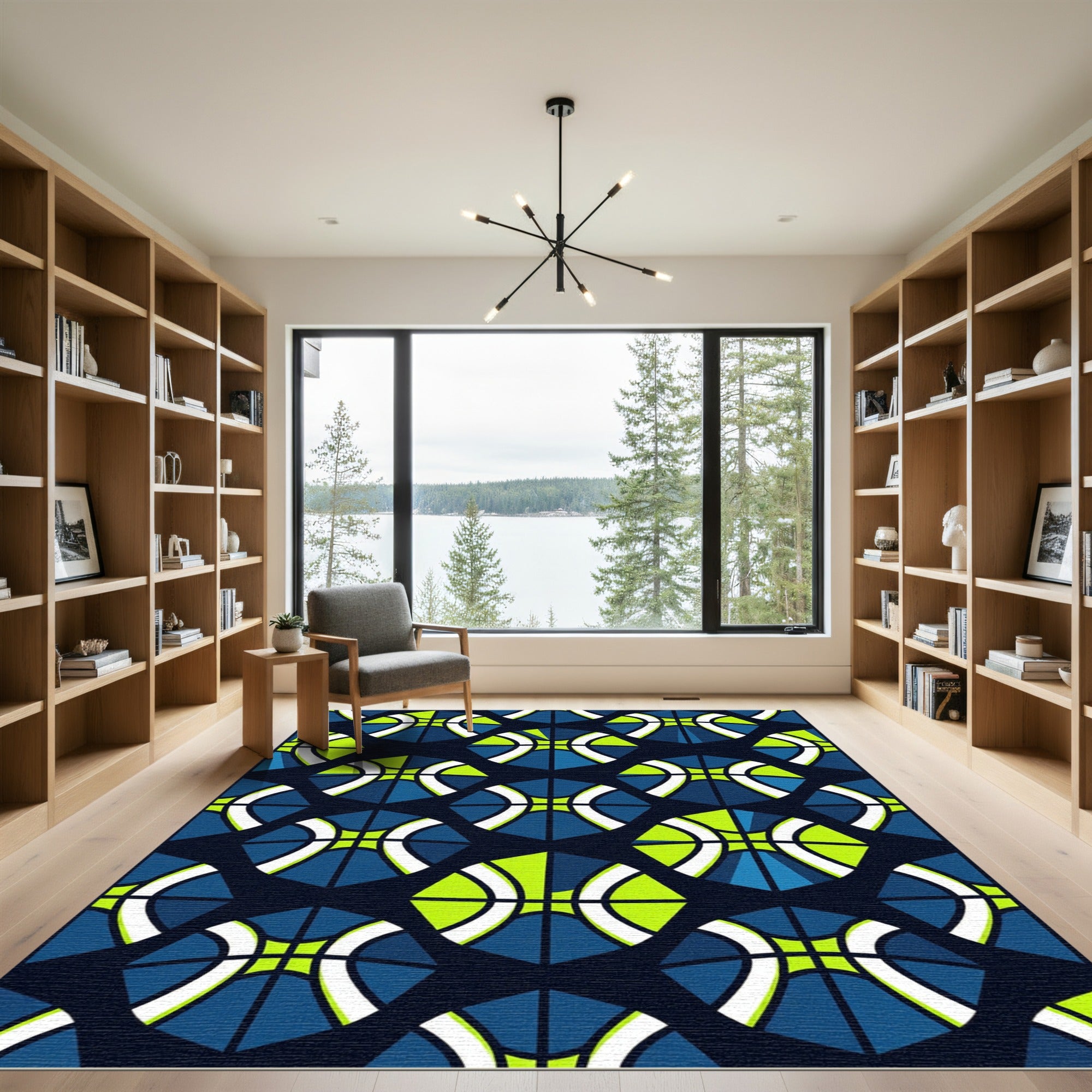 Geometric Lime and Blue Hexagon Abstract Rug