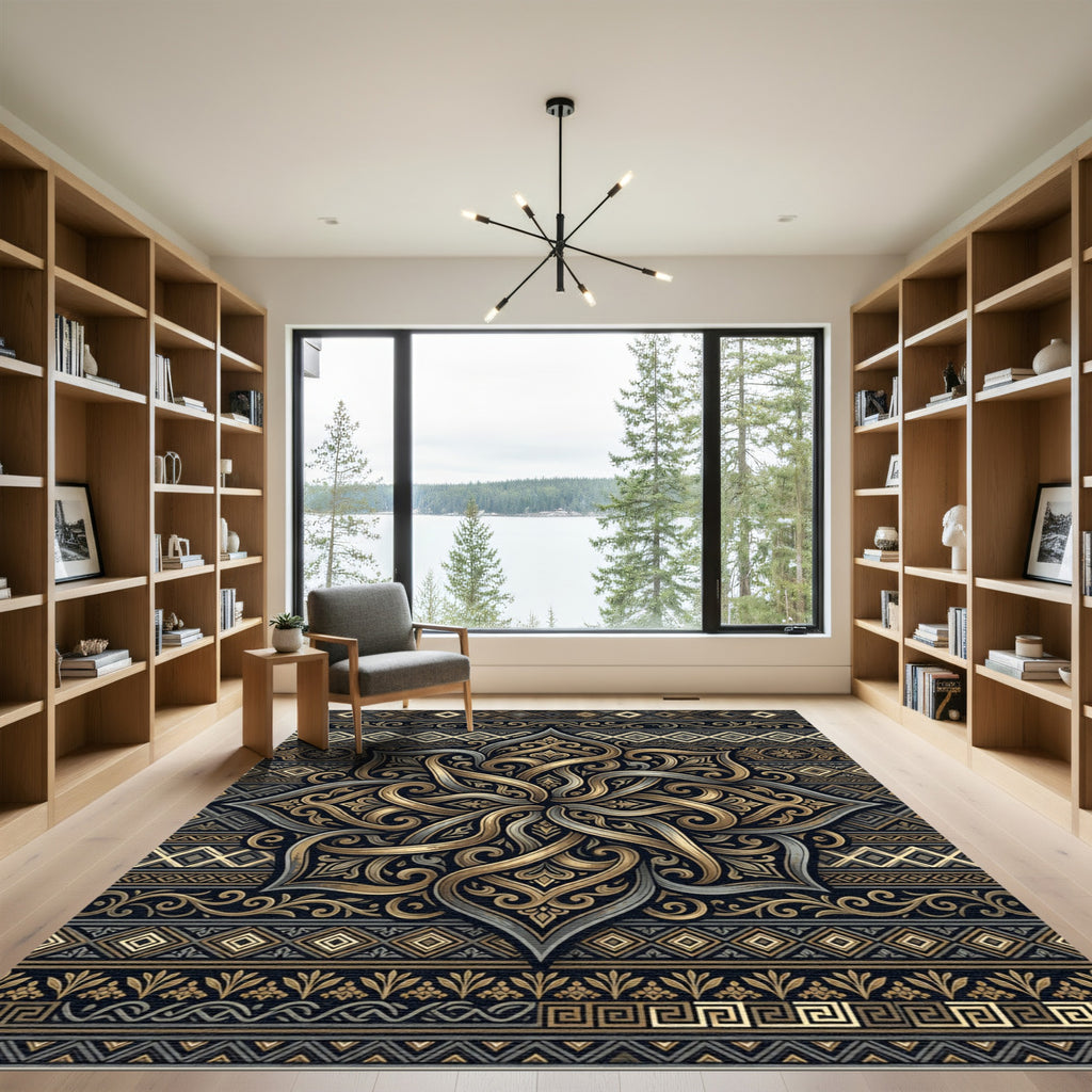 Ornate Gold Charcoal Floral Damask Rug