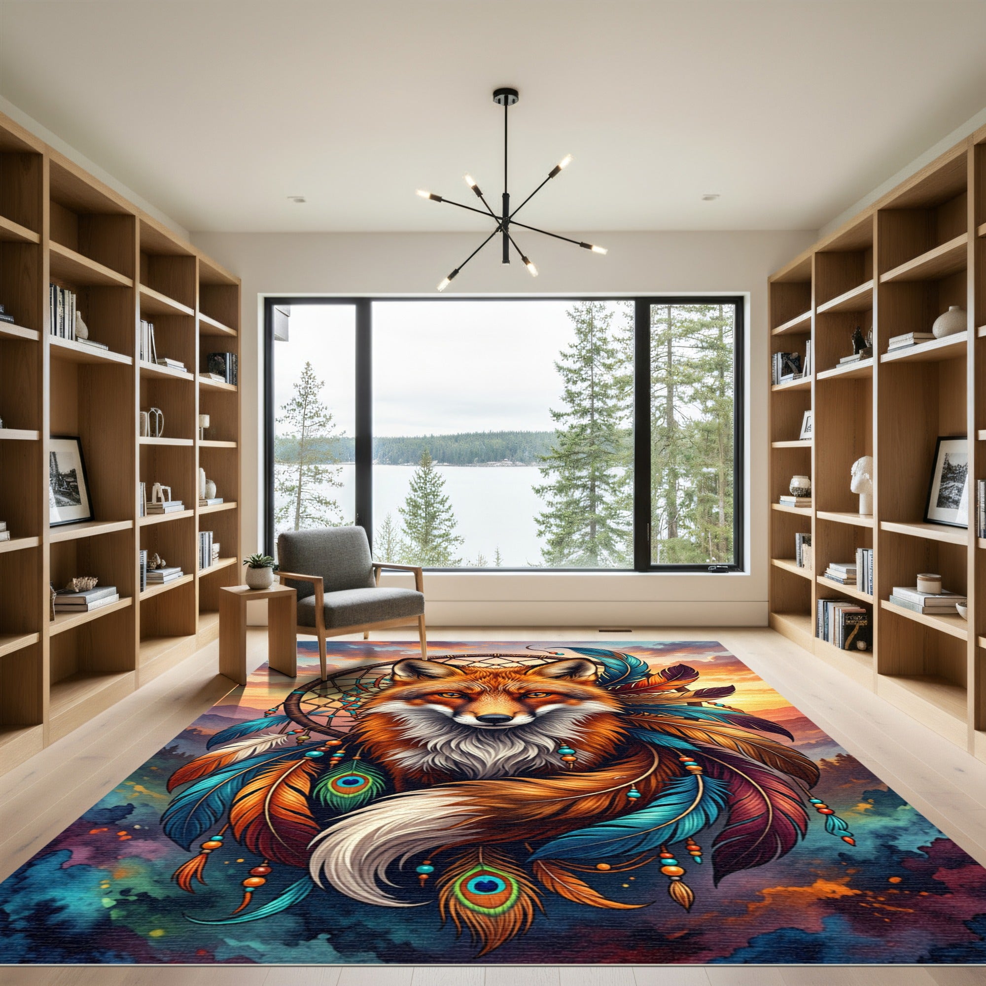 Vibrant Fox Dreamcatcher Feather Sunset Art Rug