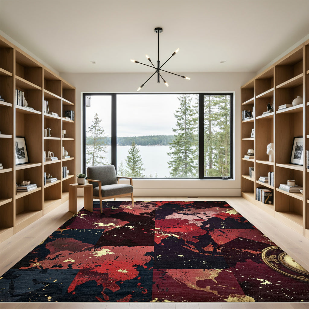 Crimson World Map Splatter Composition Rug