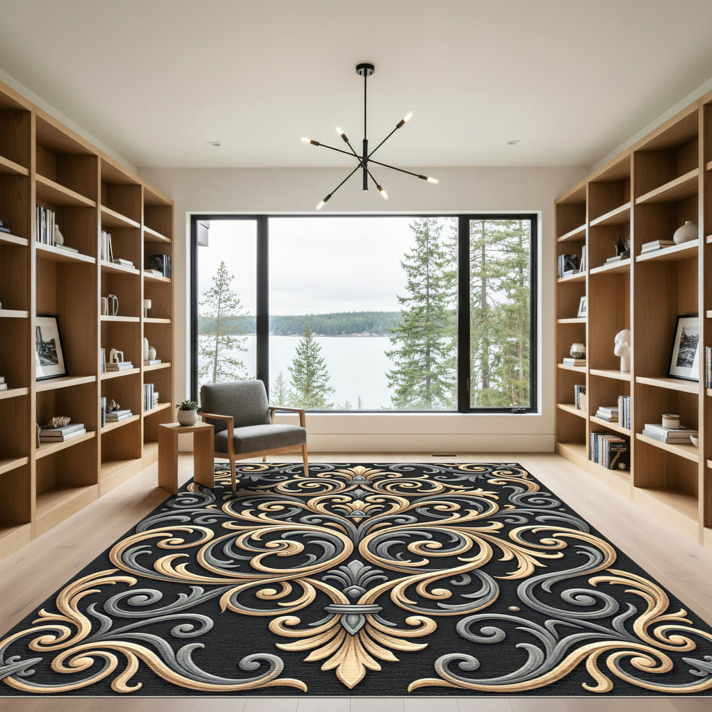 Elegant Gold Silver Scrollwork Rug