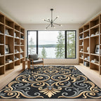 Elegant Gold Silver Scrollwork Rug