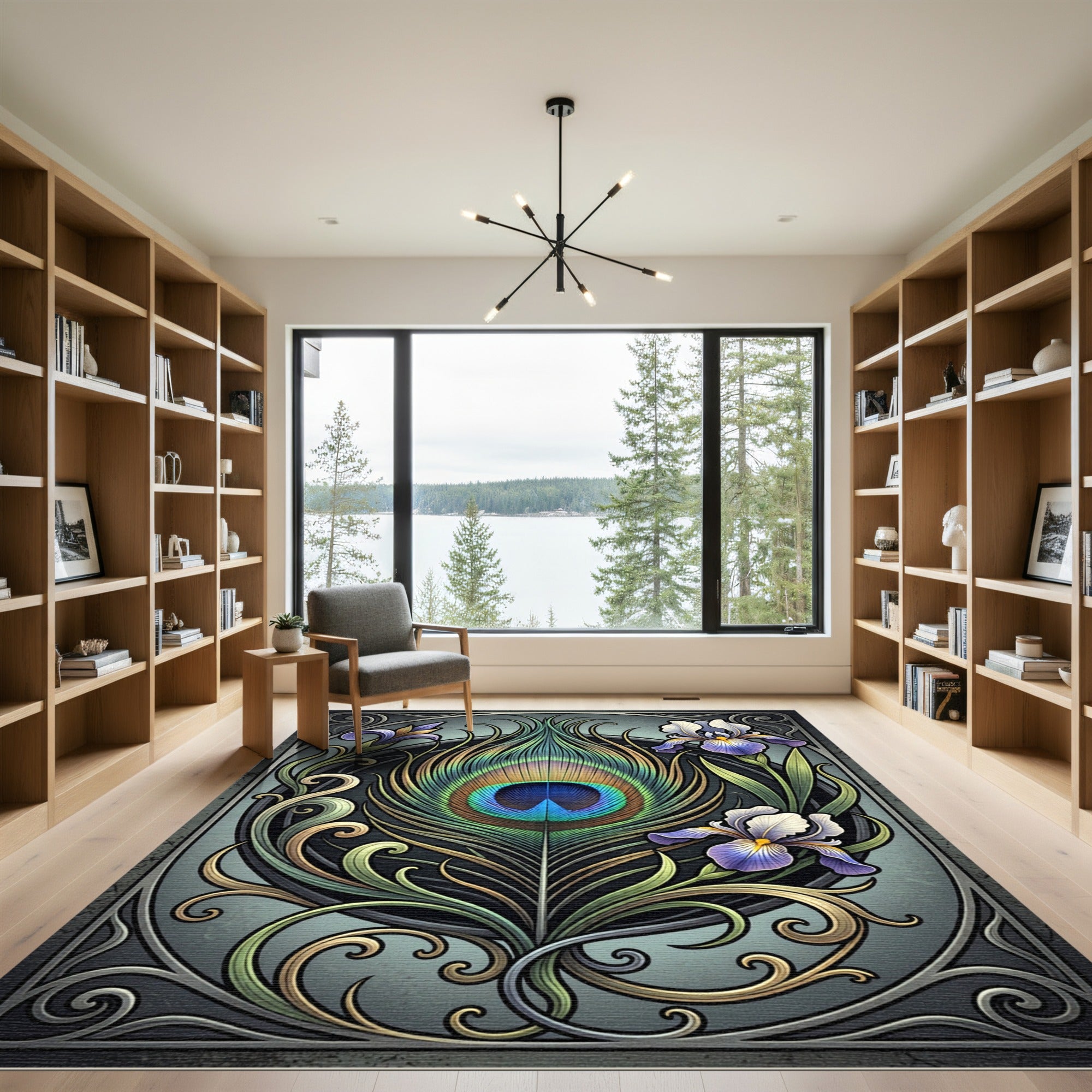 Art Nouveau Peacock Feather Iris Floral Rug
