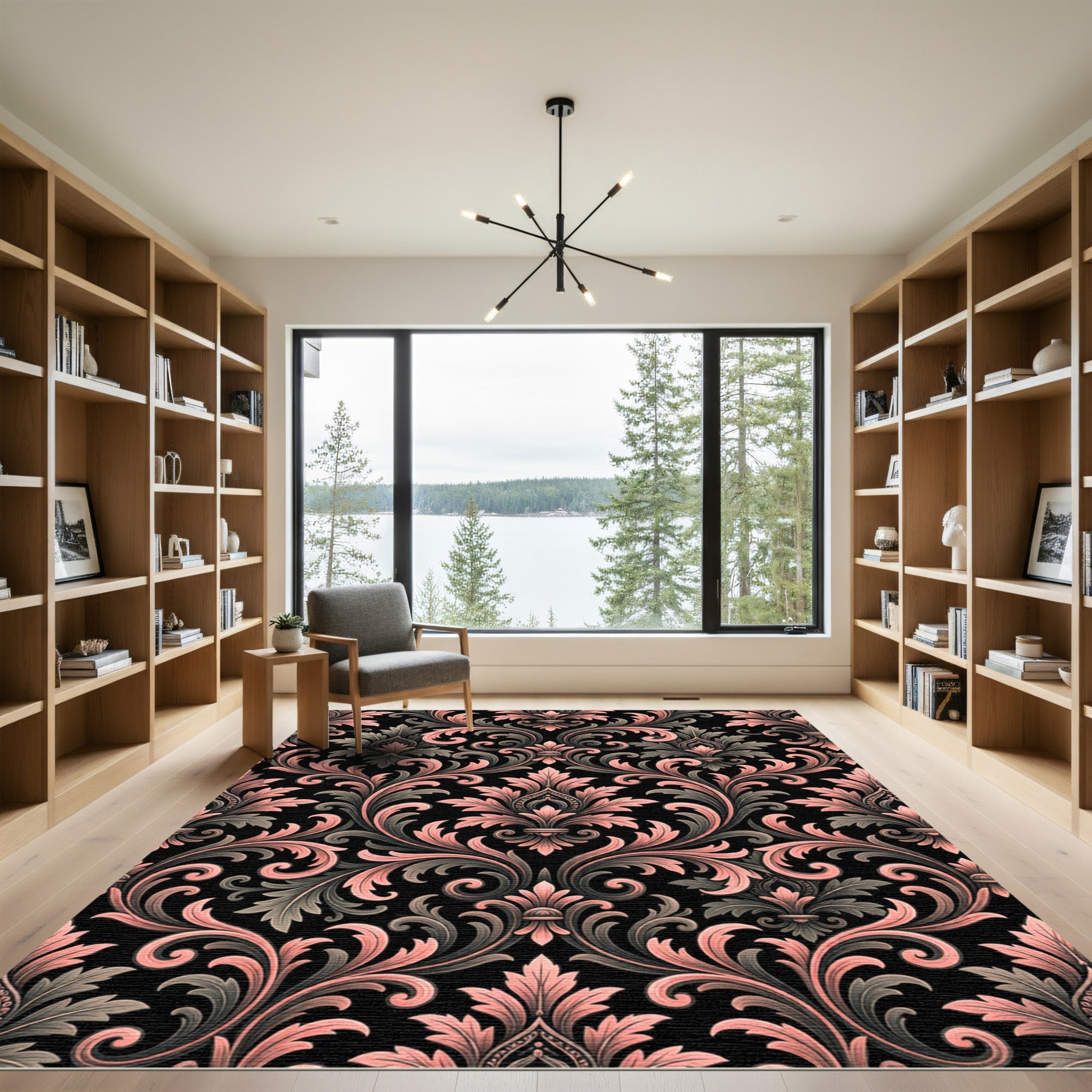 Blush and Charcoal Baroque Damask Rug